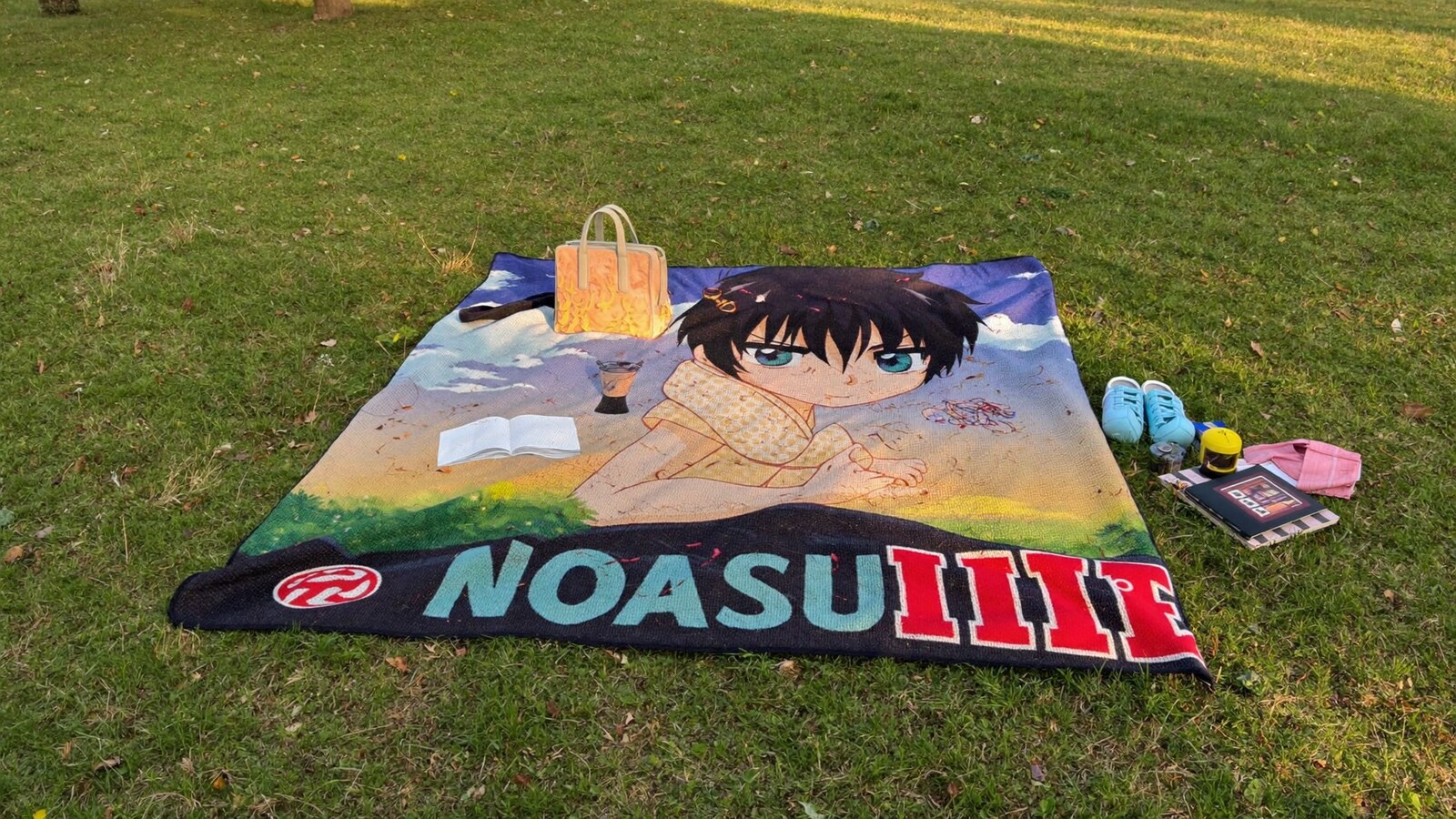 Anime-inspired tapestry blanket bedspread styled in a natural daylight scene