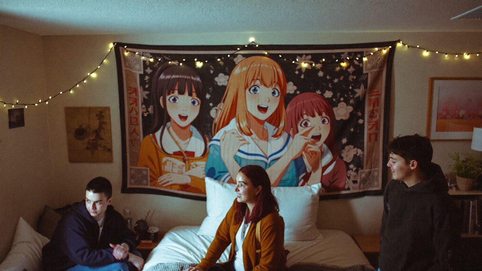 Anime-inspired tapestry blanket bedspread in a social or layered scene with friends