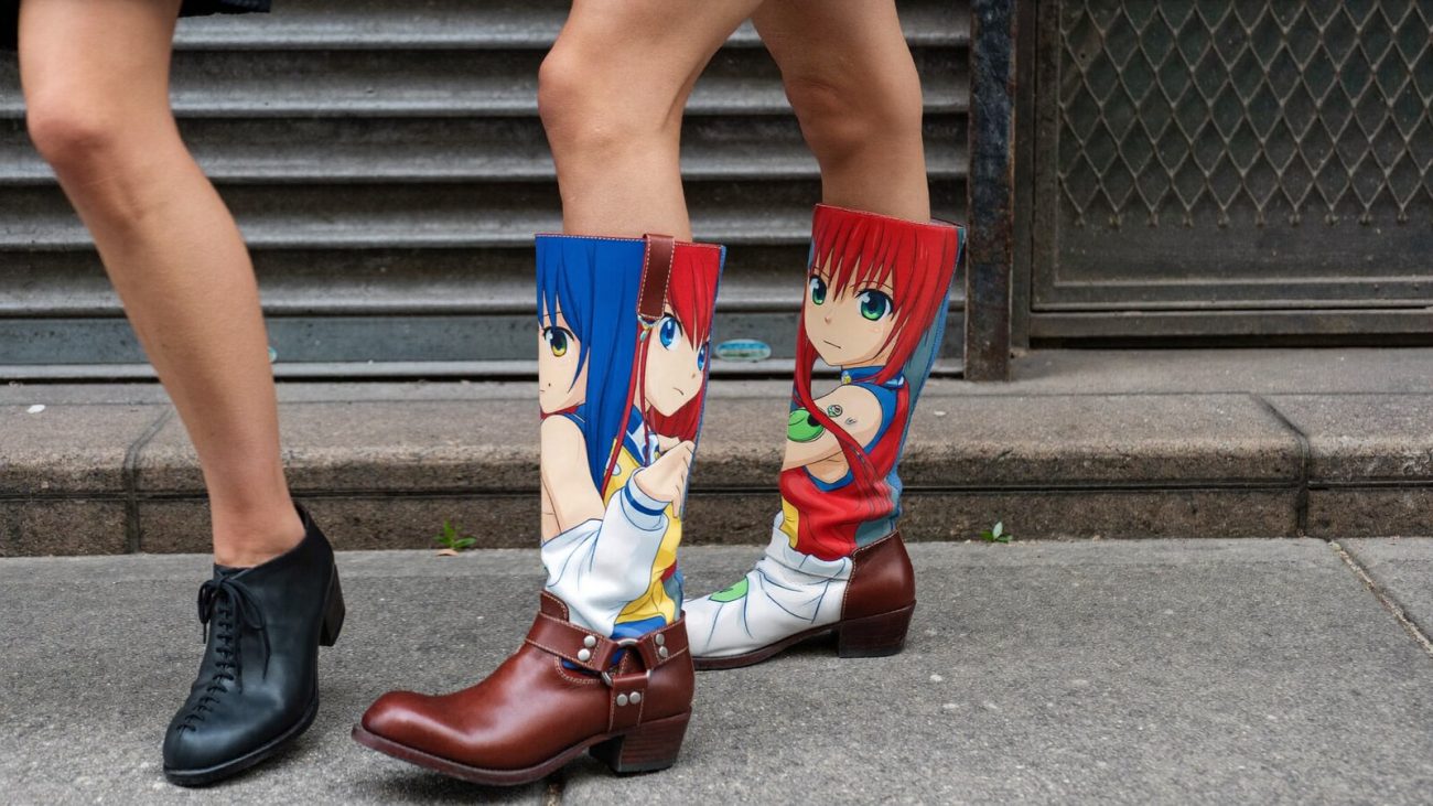 Person wearing an anime-inspired tb leather boots in an editorial scene