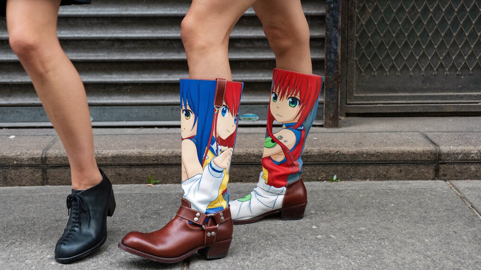 Person wearing an anime-inspired tb leather boots in an editorial scene