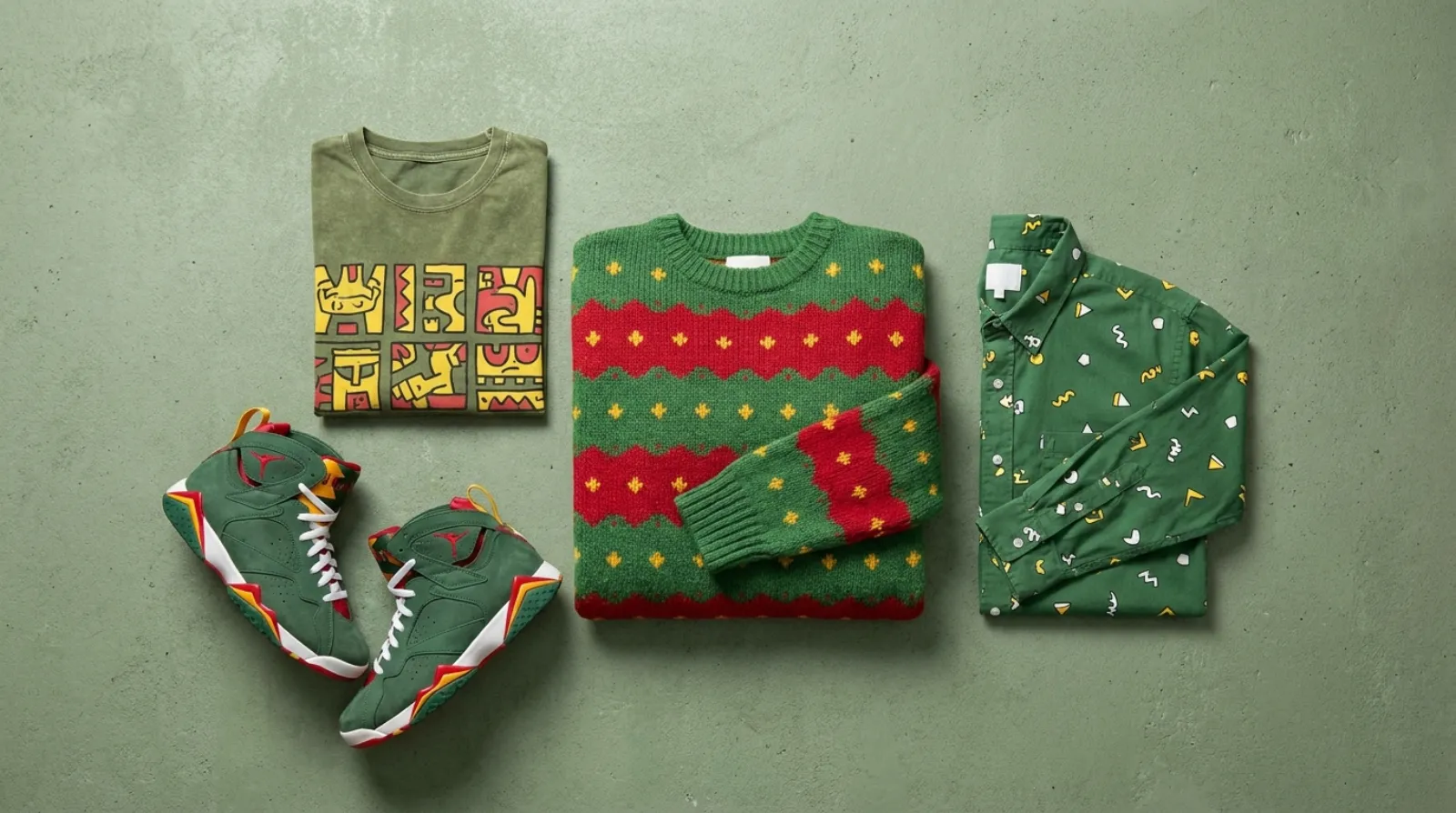 Teenage Mutant Ninja Turtles merch flat-lay with green high-top shoes, tee and knit sweater