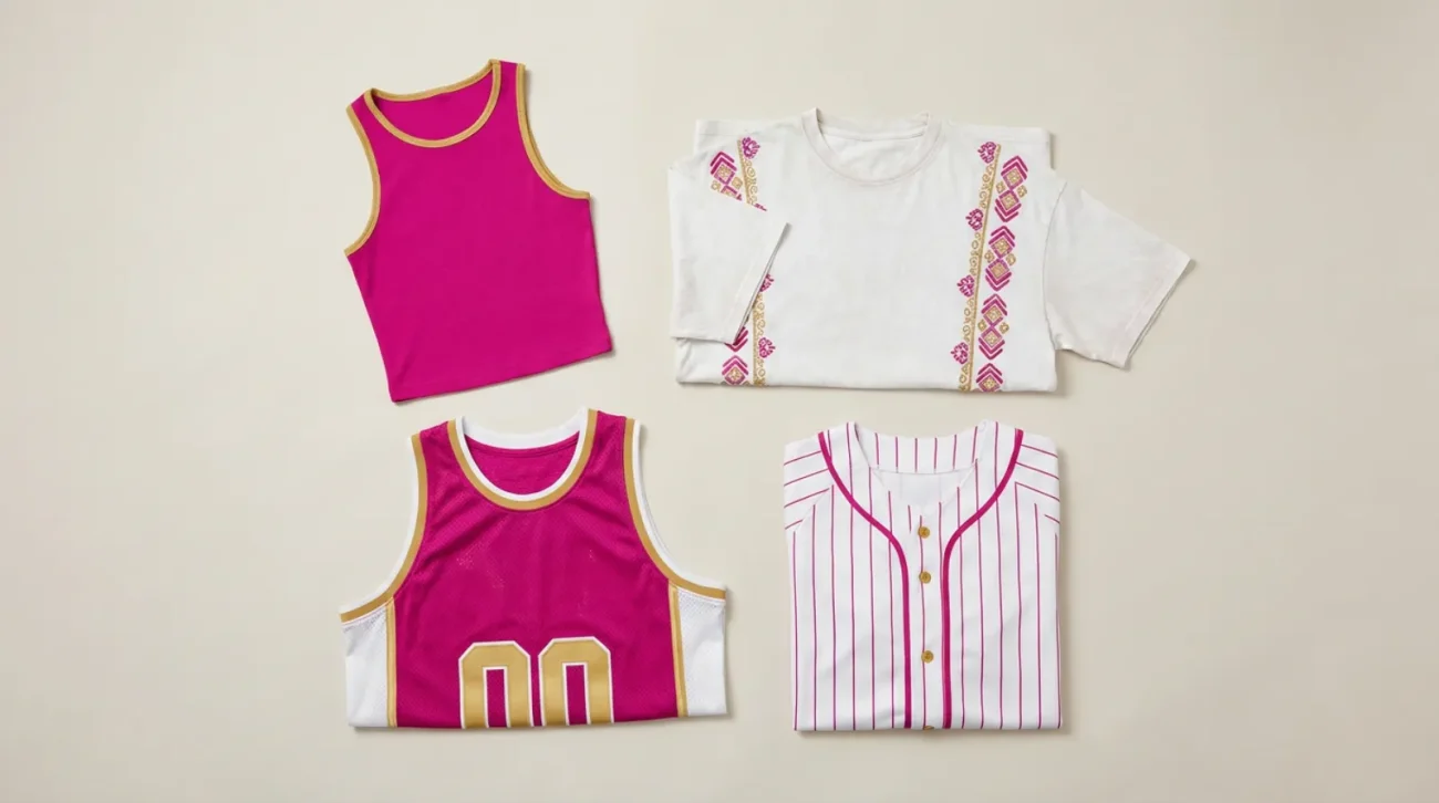Tengen Uzui merch flat lay of fuchsia, white and gold Demon Slayer apparel, tee and jerseys