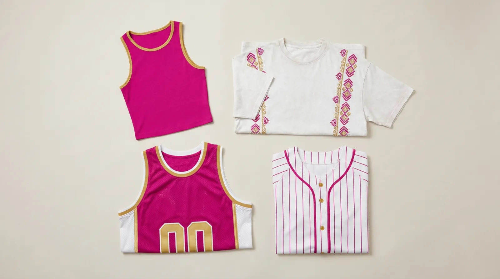 Tengen Uzui merch flat lay of fuchsia, white and gold Demon Slayer apparel, tee and jerseys