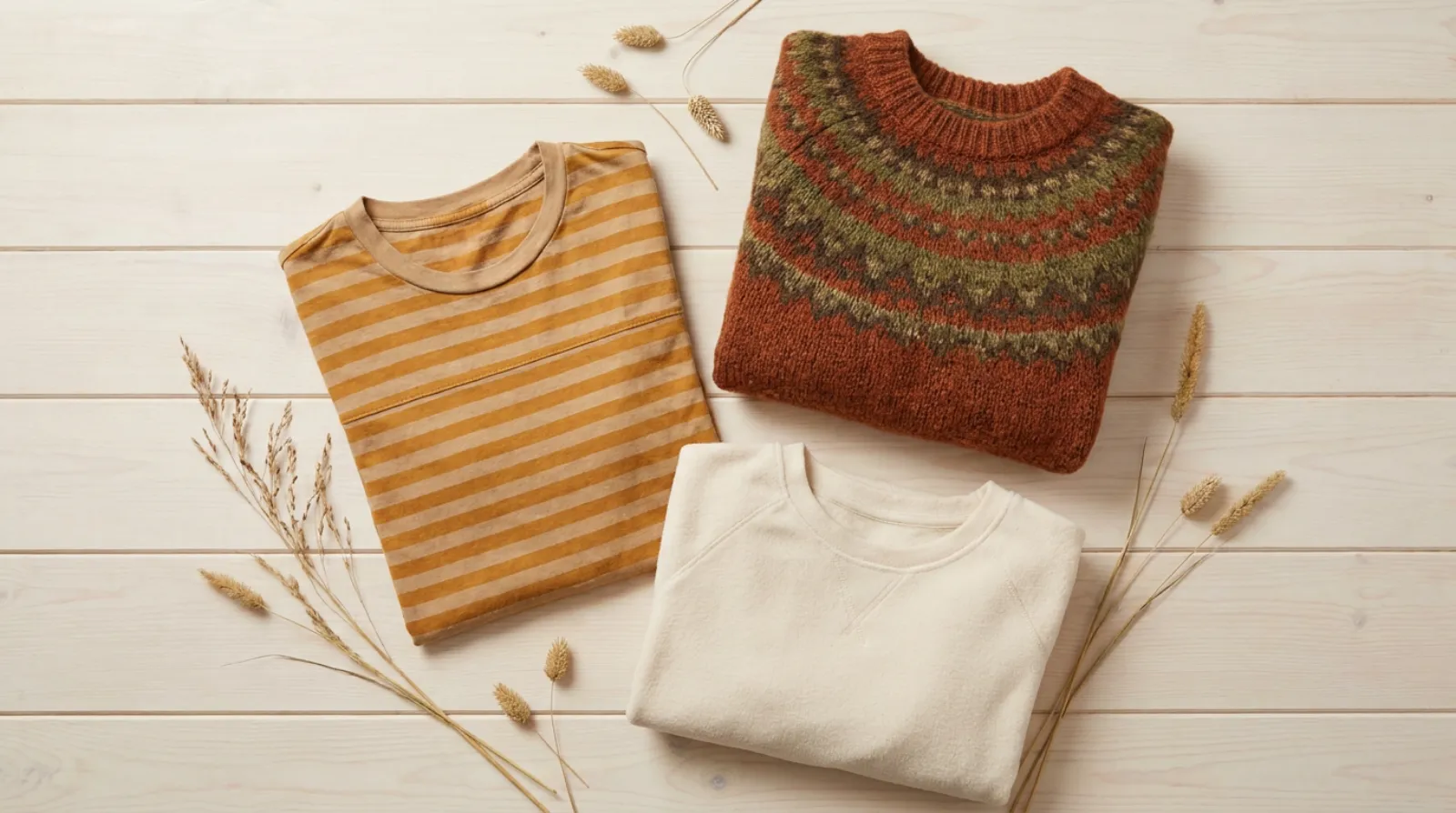 Flat-lay of a savanna-toned The Lion King shirt and cozy holiday sweater on light wood