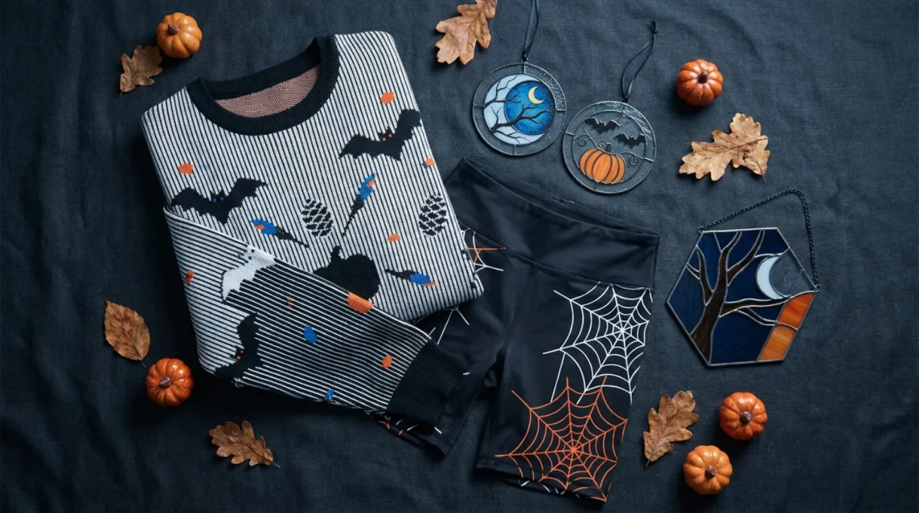 Flat-lay of The Nightmare Before Christmas merch with a pinstripe ugly sweater, compression shorts, ornaments, and a stained glass suncatcher