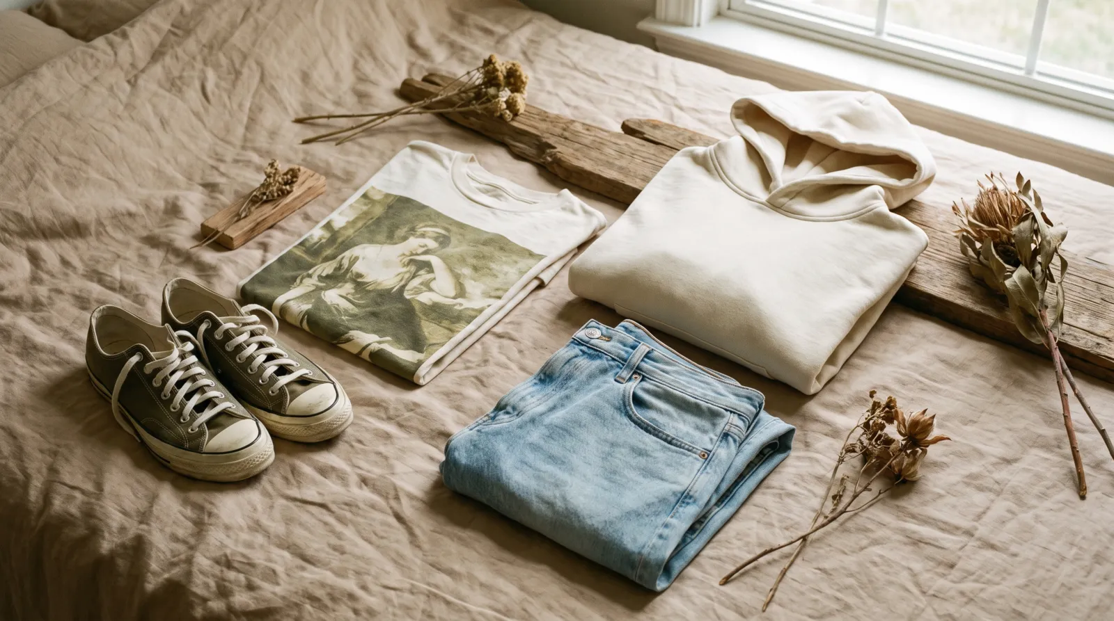 Netflix's the one piece anime: a curated flat lay of a folded graphic tee, a hoodie and folded denim