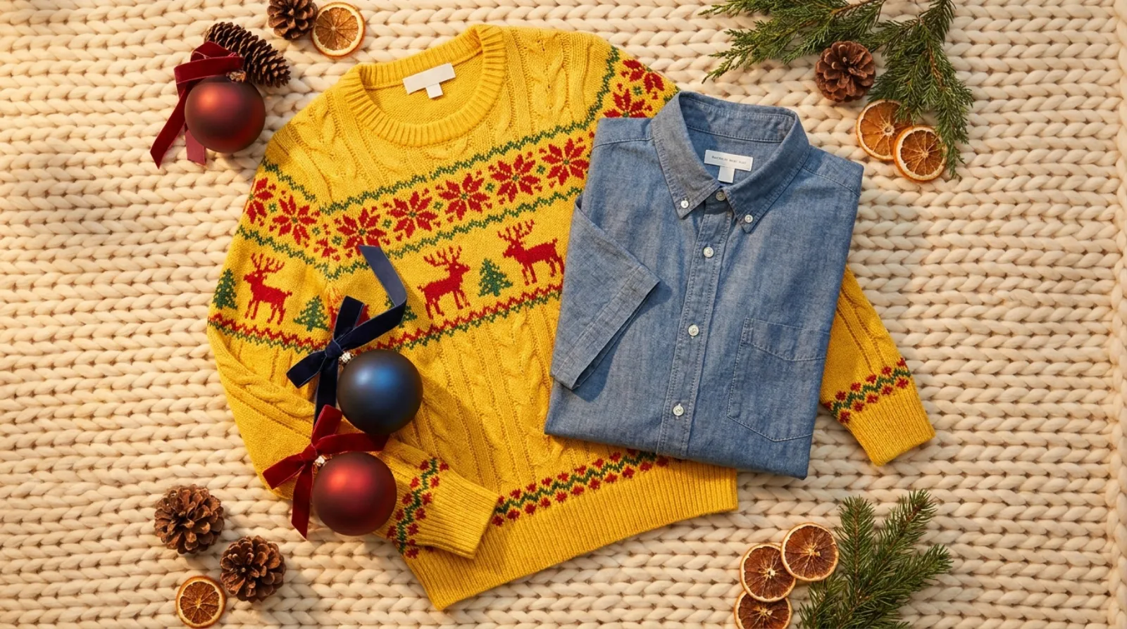 The Simpsons shirt and holiday sweater flat lay with ornaments