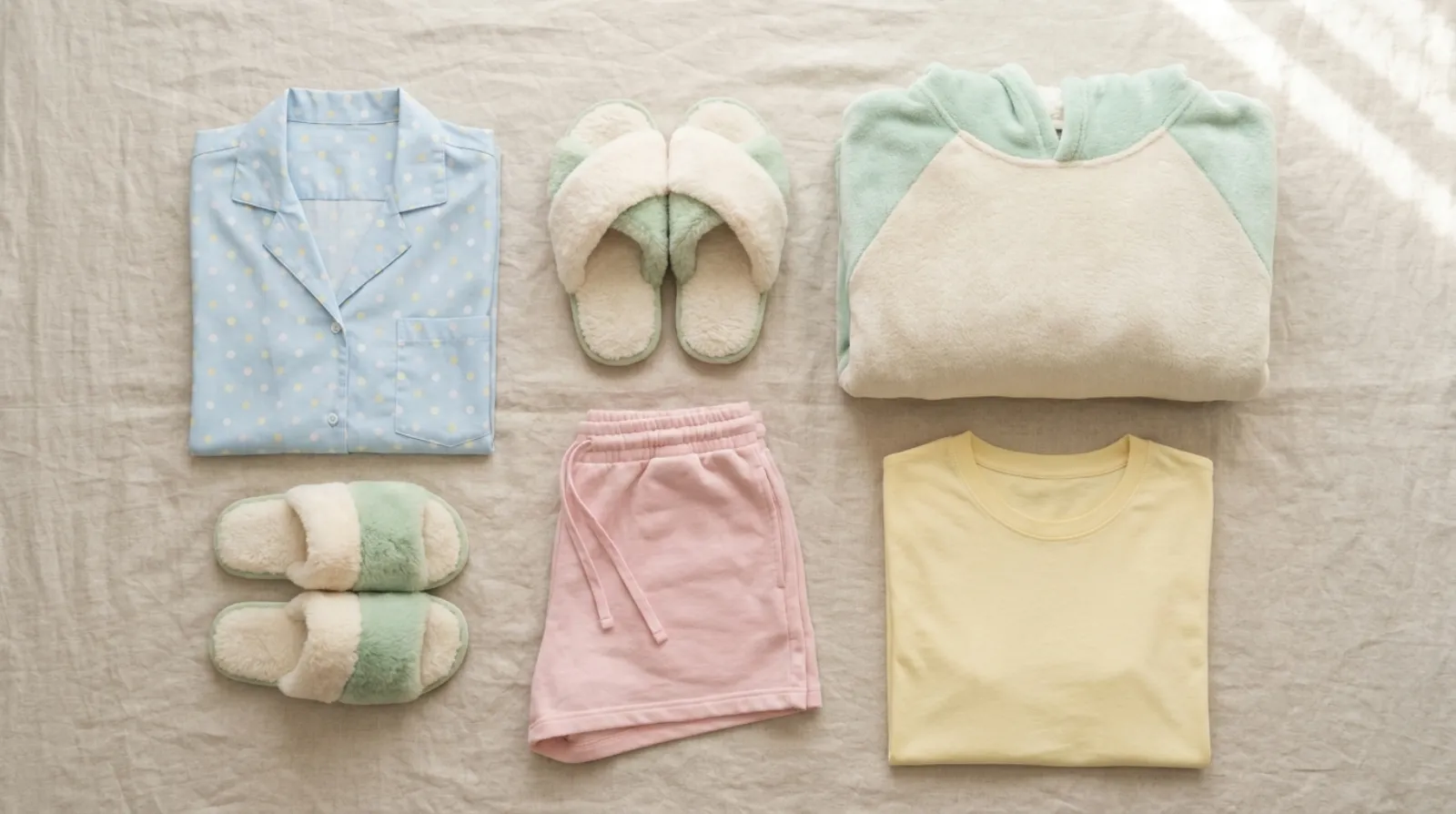 Togepi Pokemon merch flat lay in soft cream and pastel mint palette with button-up shirt and slippers