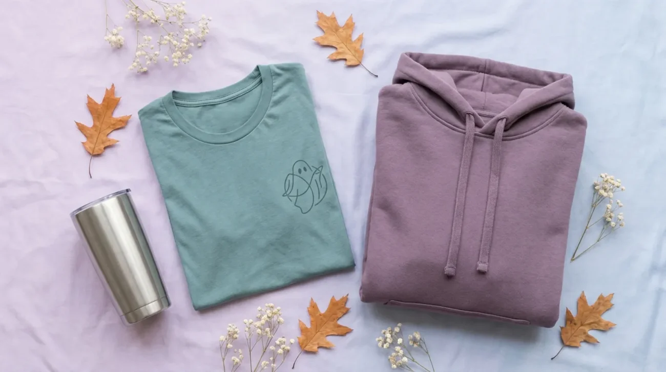 Flat-lay of Toilet-bound Hanako-kun merch with a pastel tumbler, folded tee and hoodie