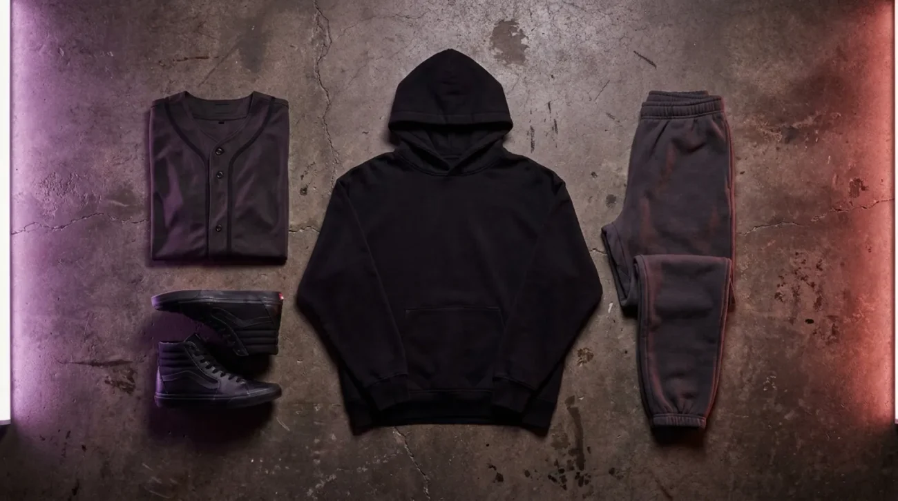 Flat-lay of dark streetwear apparel, a styling reference for choosing a Tokyo Ghoul shirt and hoodie