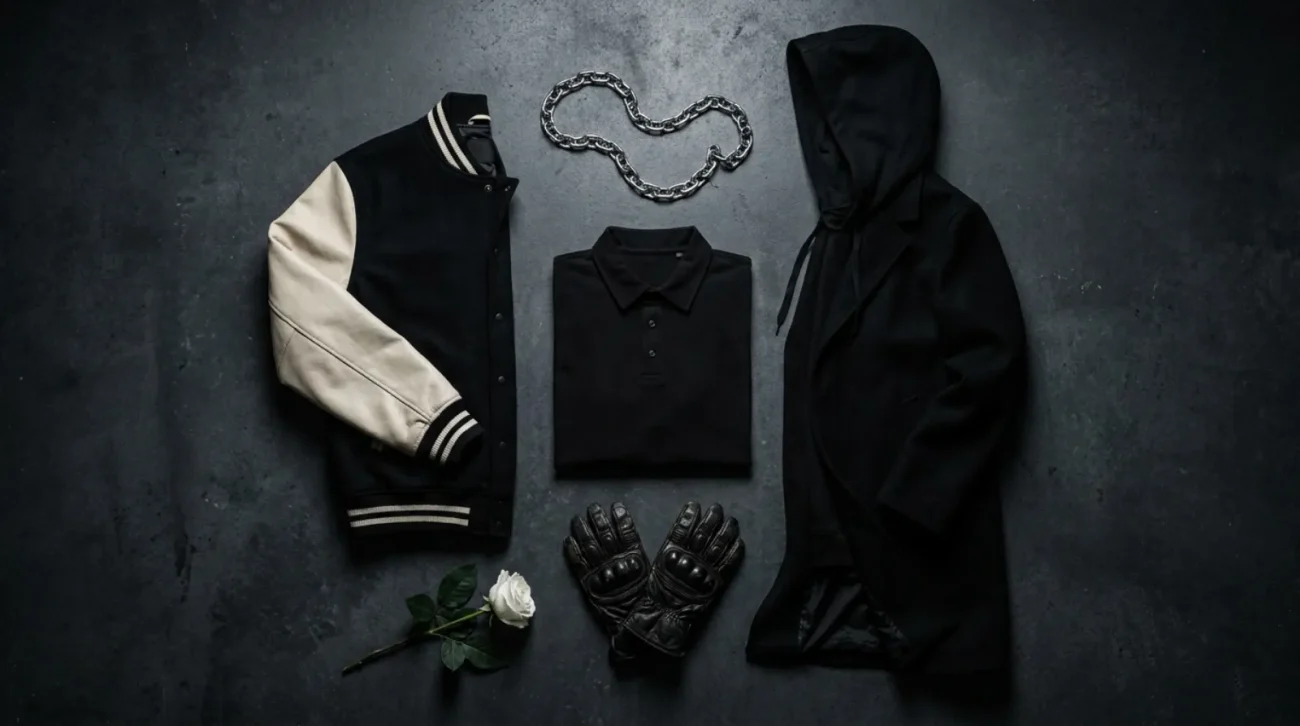Tokyo Revengers merch flat-lay with varsity jacket, polo, and hooded cloak coat in a dark streetwear palette