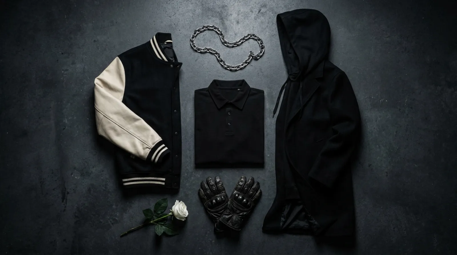 Tokyo Revengers merch flat-lay with varsity jacket, polo, and hooded cloak coat in a dark streetwear palette