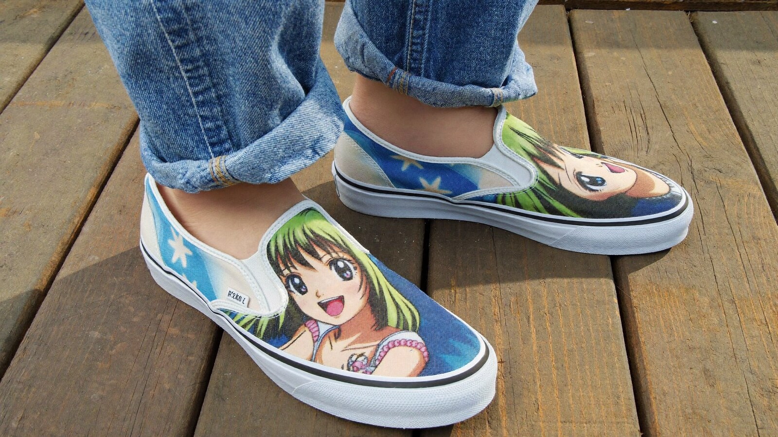 Anime-inspired tomu canvas shoes styled in a natural daylight scene