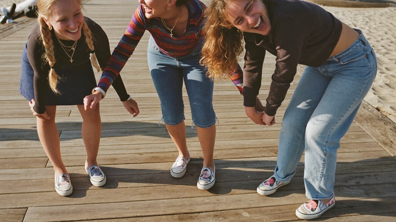 Anime-inspired tomu canvas shoes in a social or layered scene with friends