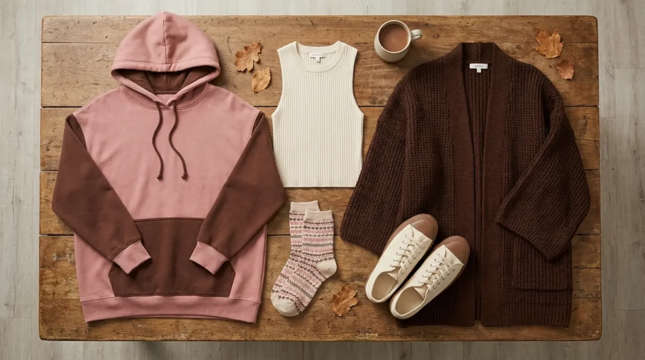 Tony Tony Chopper merch flat lay in cozy dusty pink, cream, and brown apparel