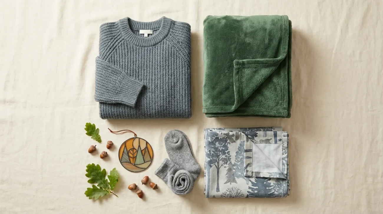 Flat-lay of cozy Totoro merch including a knit sweater, plush blanket, socks, ornament, and curtain in woodland greys and greens