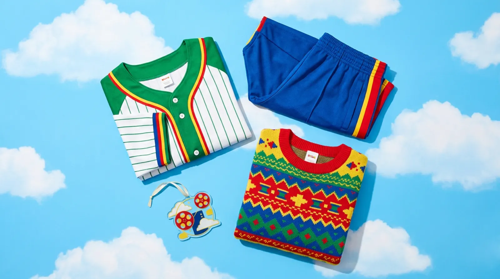 Toy Story shirt and merch flat-lay with Buzz baseball jersey, gym shorts and holiday sweater