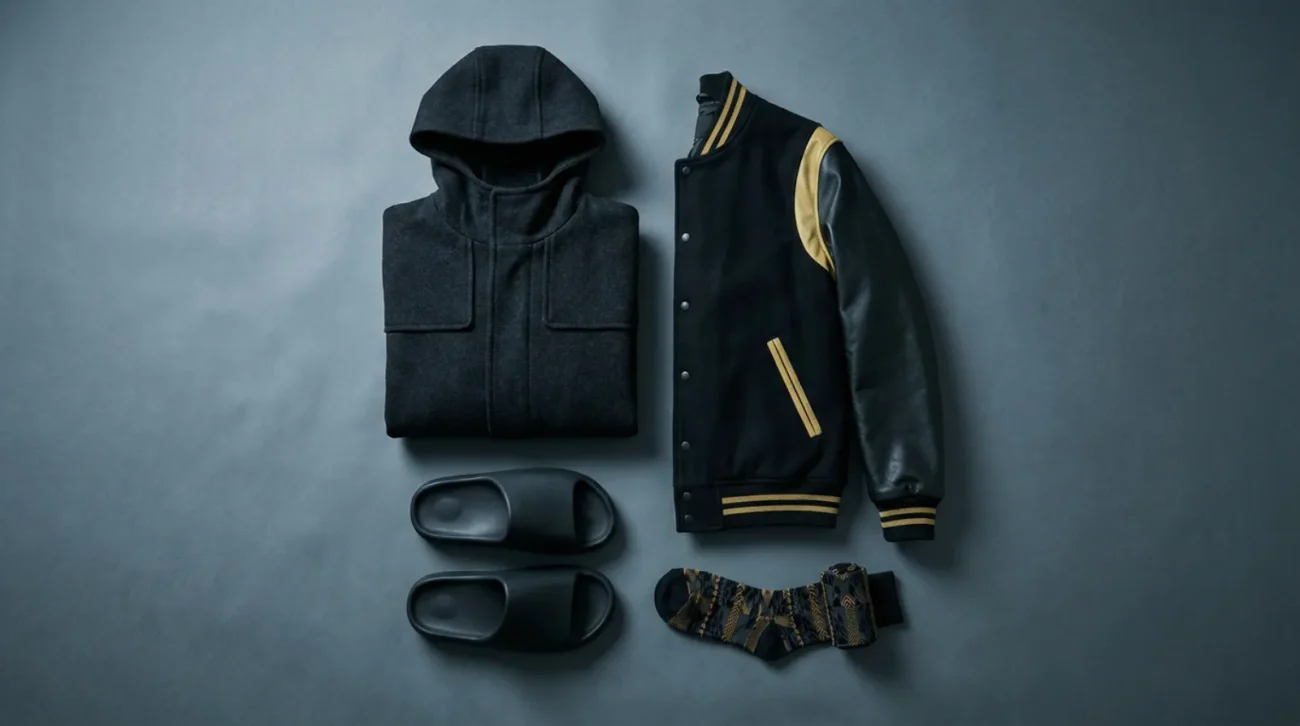 Trafalgar D. Water Law merch flat-lay with black cloak coat, varsity jacket, slides and socks