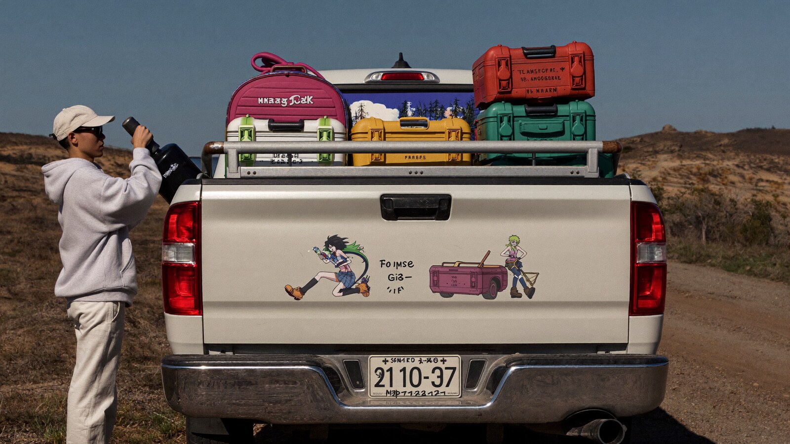 Anime-inspired truck tailgate decals styled in a natural daylight scene