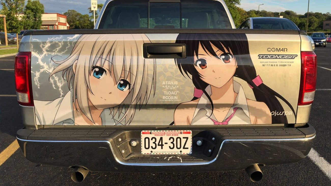 Person wearing an anime-inspired truck tailgate decals in an editorial scene
