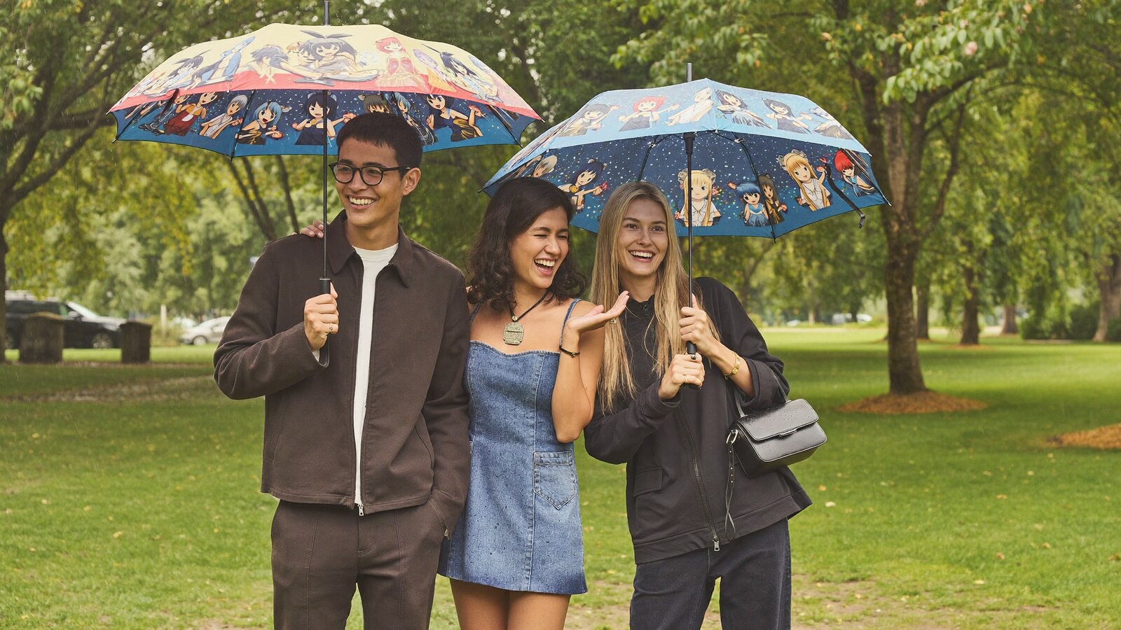 Anime-inspired umbrella in a social or layered scene with friends