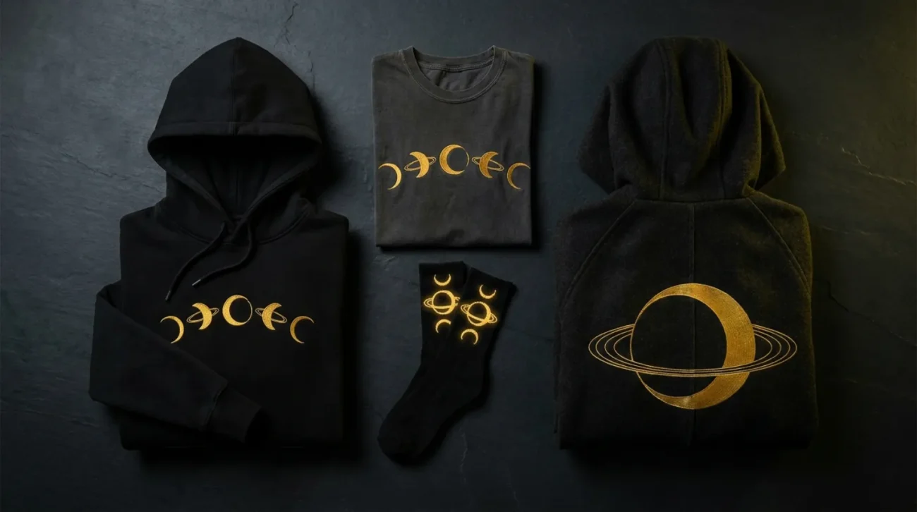 Umbreon merch themed apparel flat-lay with black hoodie, vintage tee, and gold-ring socks