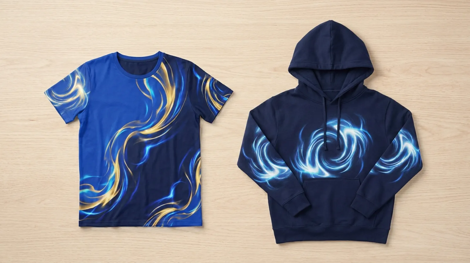 Royal blue Saiyan-themed Vegeta shirt and matching hoodie flat-lay on light wood