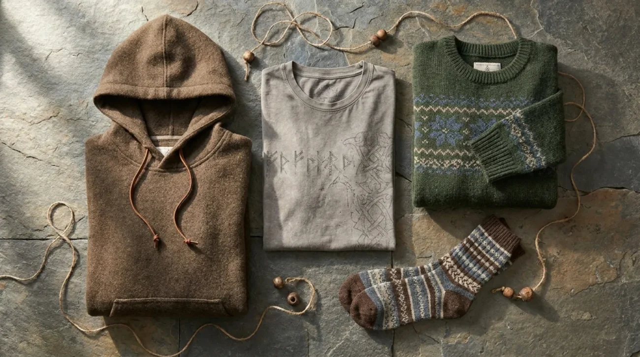 Vinland Saga merch apparel flat lay in earthy Norse Viking tones with hoodie and crewneck