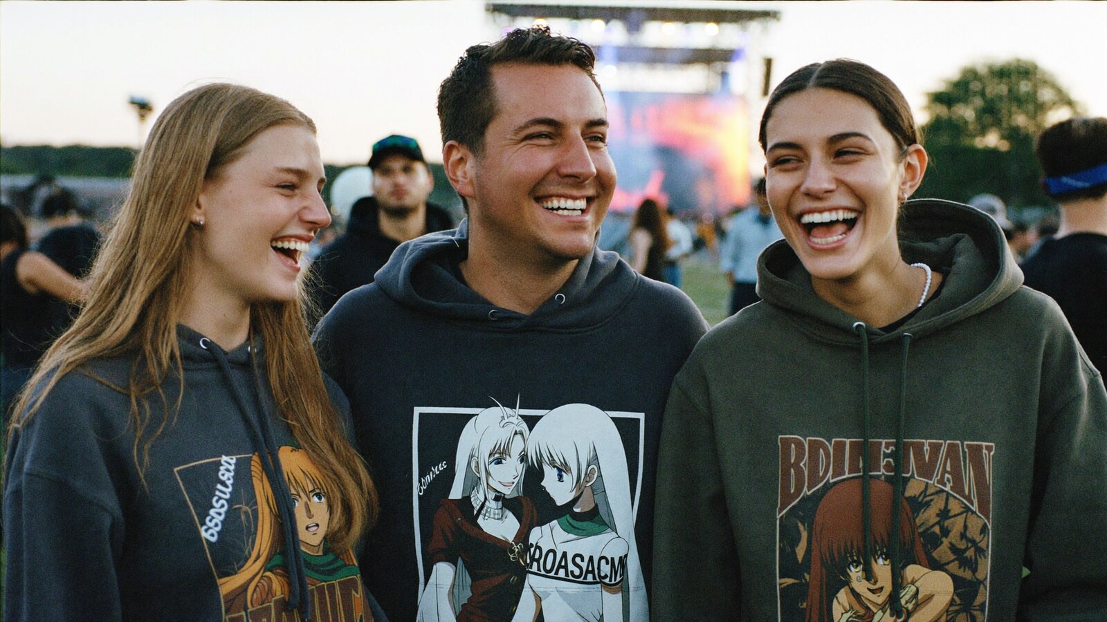 Anime-inspired vintage hoodie in a social or layered scene with friends