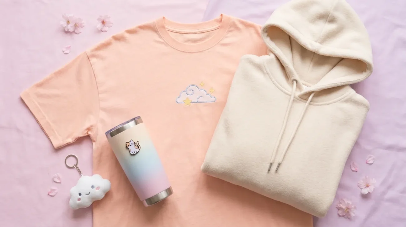 Waifu shirt aesthetic flat lay of cute anime fan apparel, tumbler, and accessories