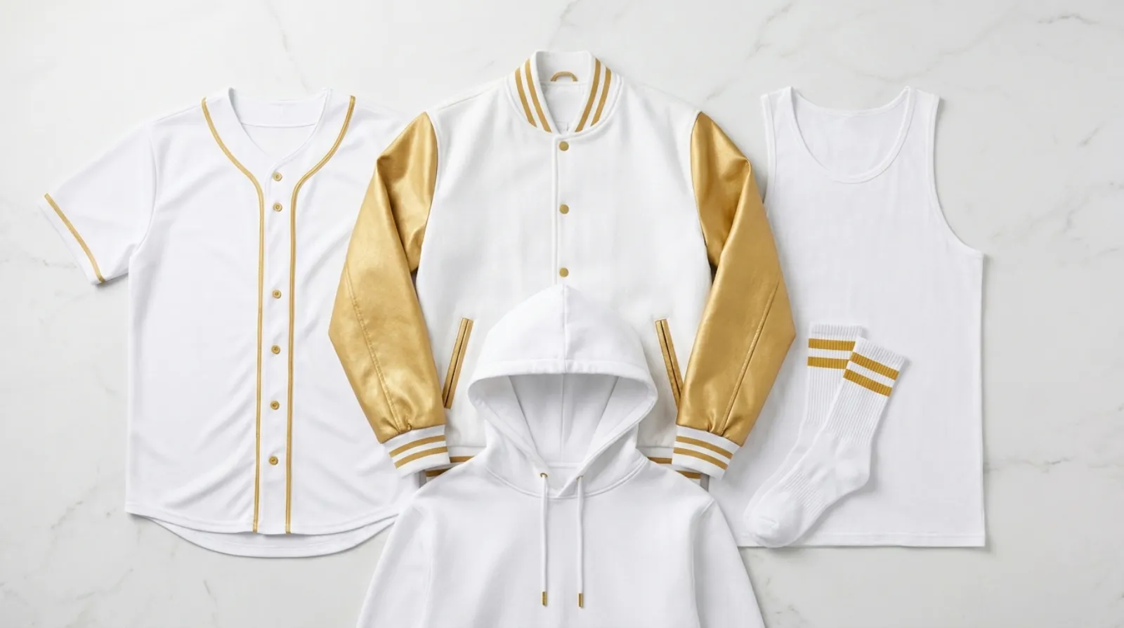 White Ranger shirt apparel flat lay with white and gold varsity jacket, jersey and hoodie