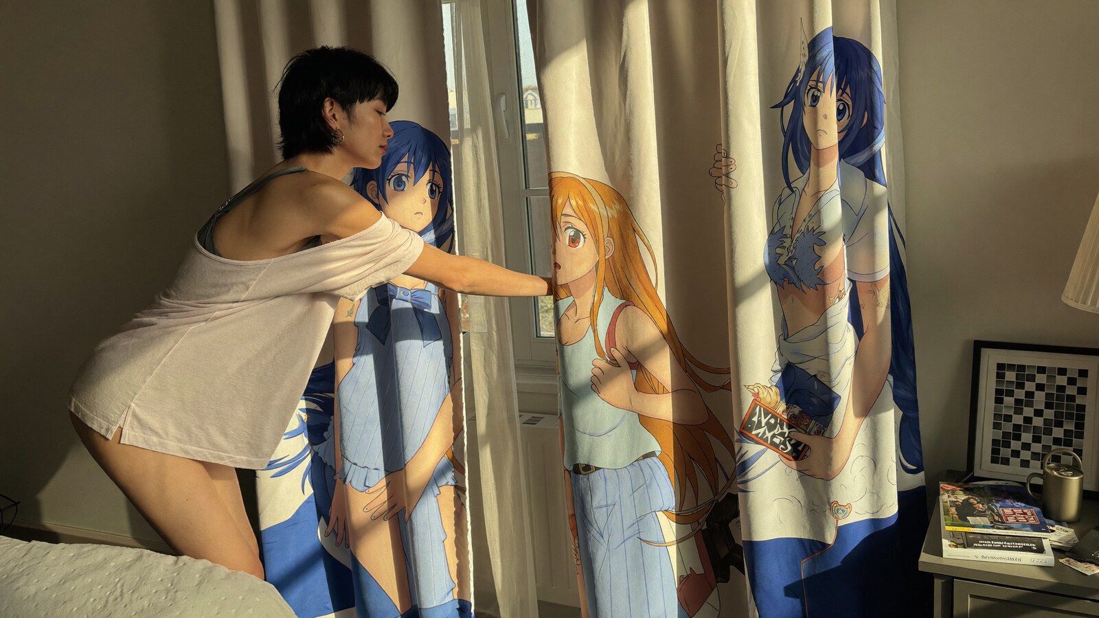 Anime-inspired window curtain styled in a natural daylight scene