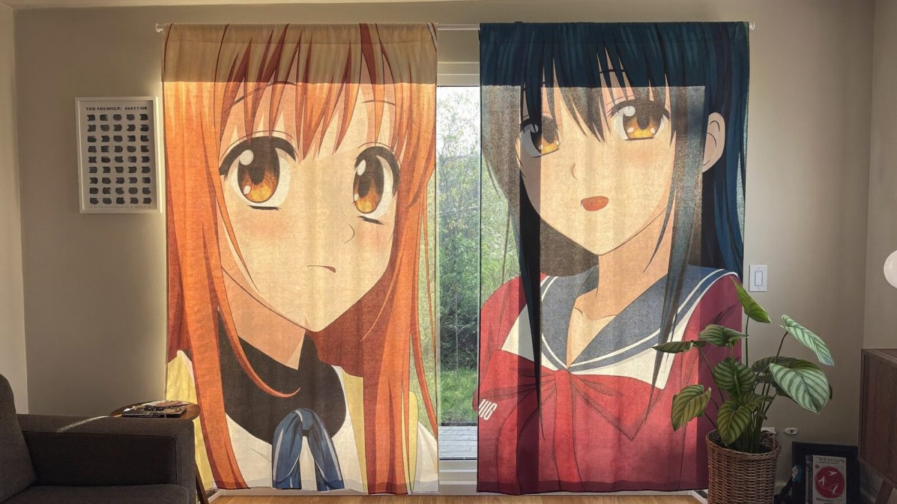 Anime-inspired window curtain styled in a cinematic scene