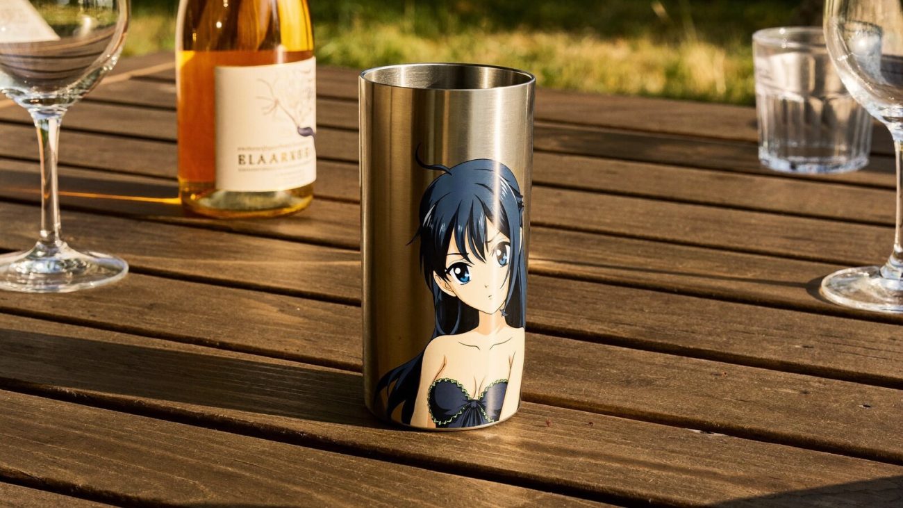 Person wearing an anime-inspired wine tumbler in an editorial scene