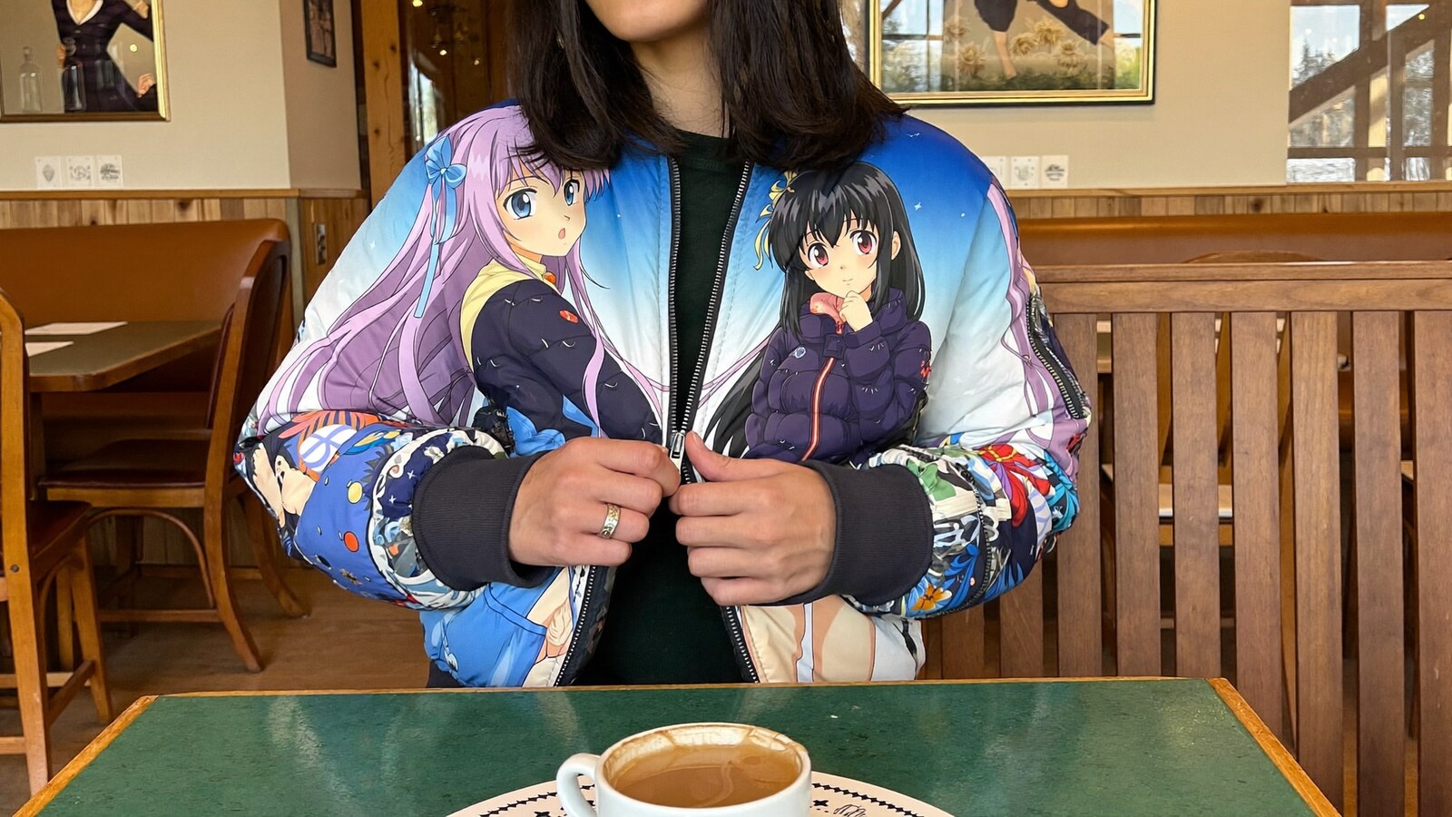 Anime-inspired winter quilt bomber jackets styled in a natural daylight scene