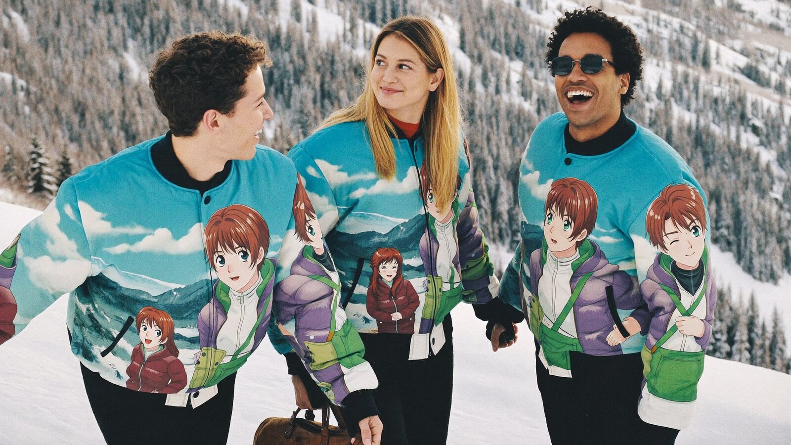 Anime-inspired winter quilt bomber jackets in a social or layered scene with friends
