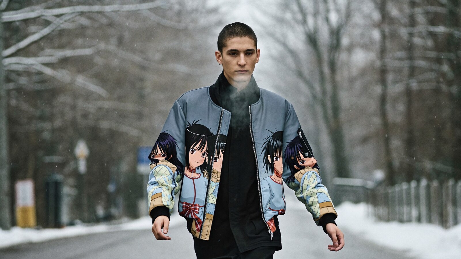 Anime-inspired winter quilt bomber jackets styled in a cinematic scene