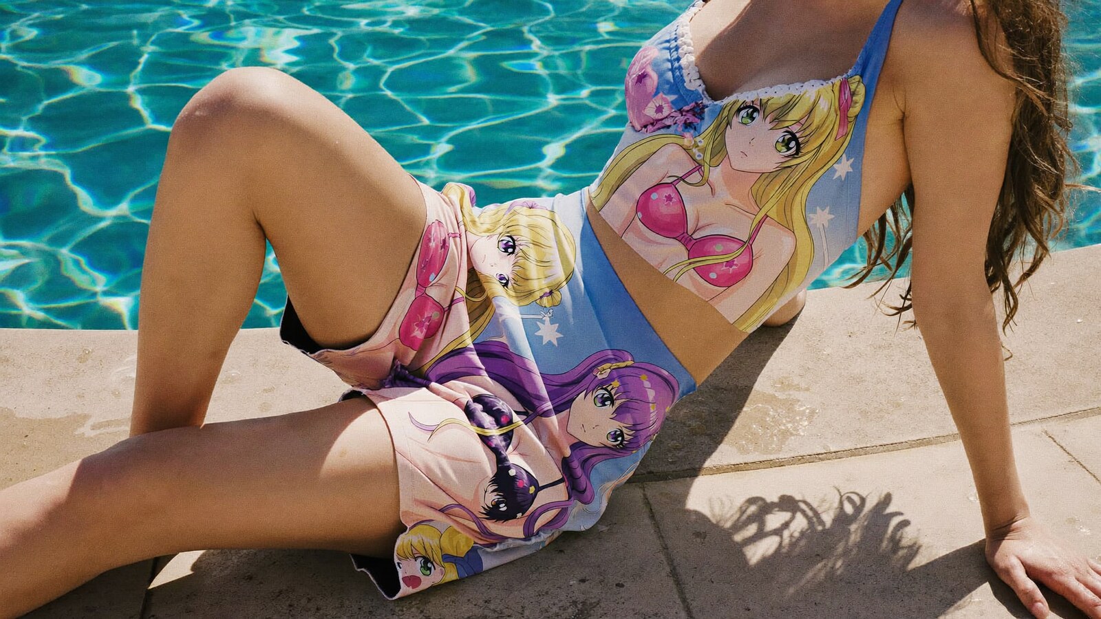 Anime-inspired women board shorts styled in a natural daylight scene