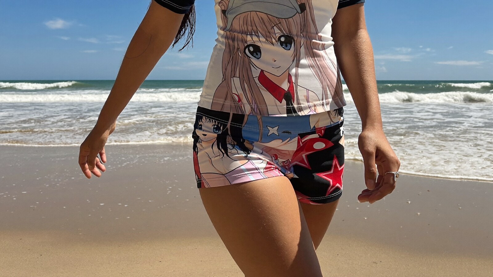 Person wearing an anime-inspired women board shorts in an editorial scene