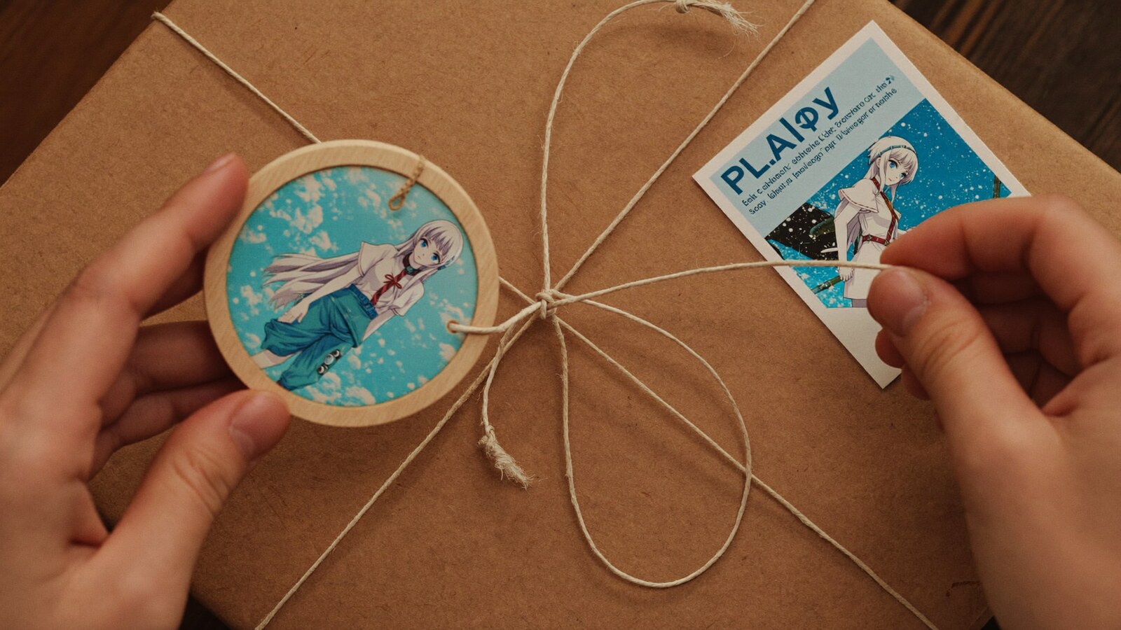 Anime-inspired wood circle ornaments in a social or layered scene with friends