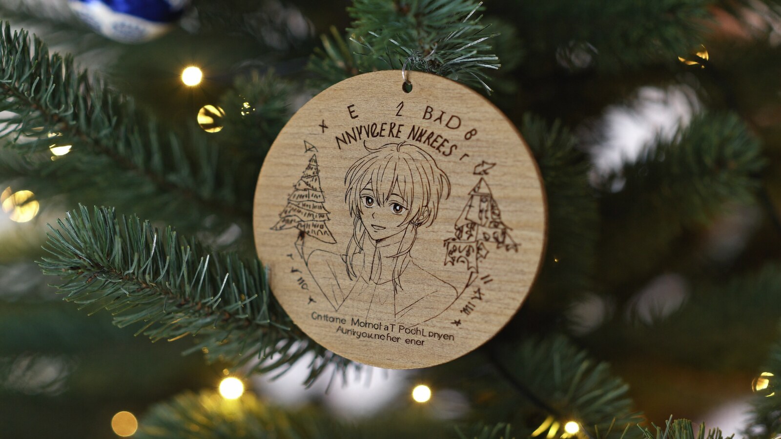 Person wearing an anime-inspired wood circle ornaments in an editorial scene
