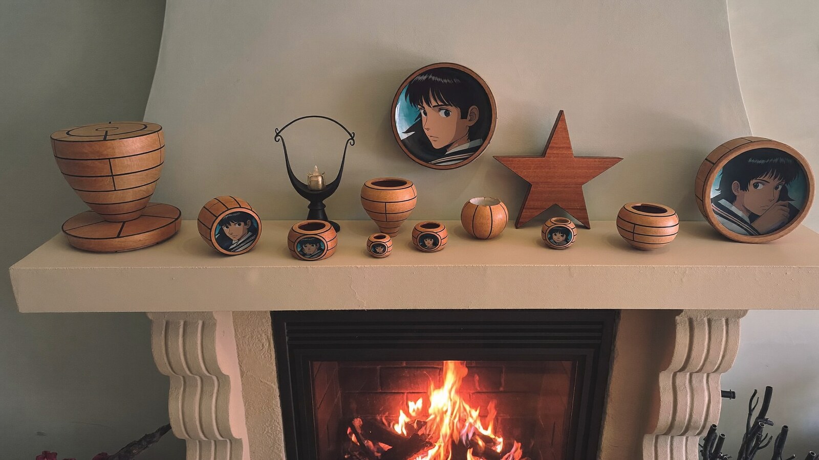 Anime-inspired wood and shattered glass hologram ornaments styled in a natural daylight scene