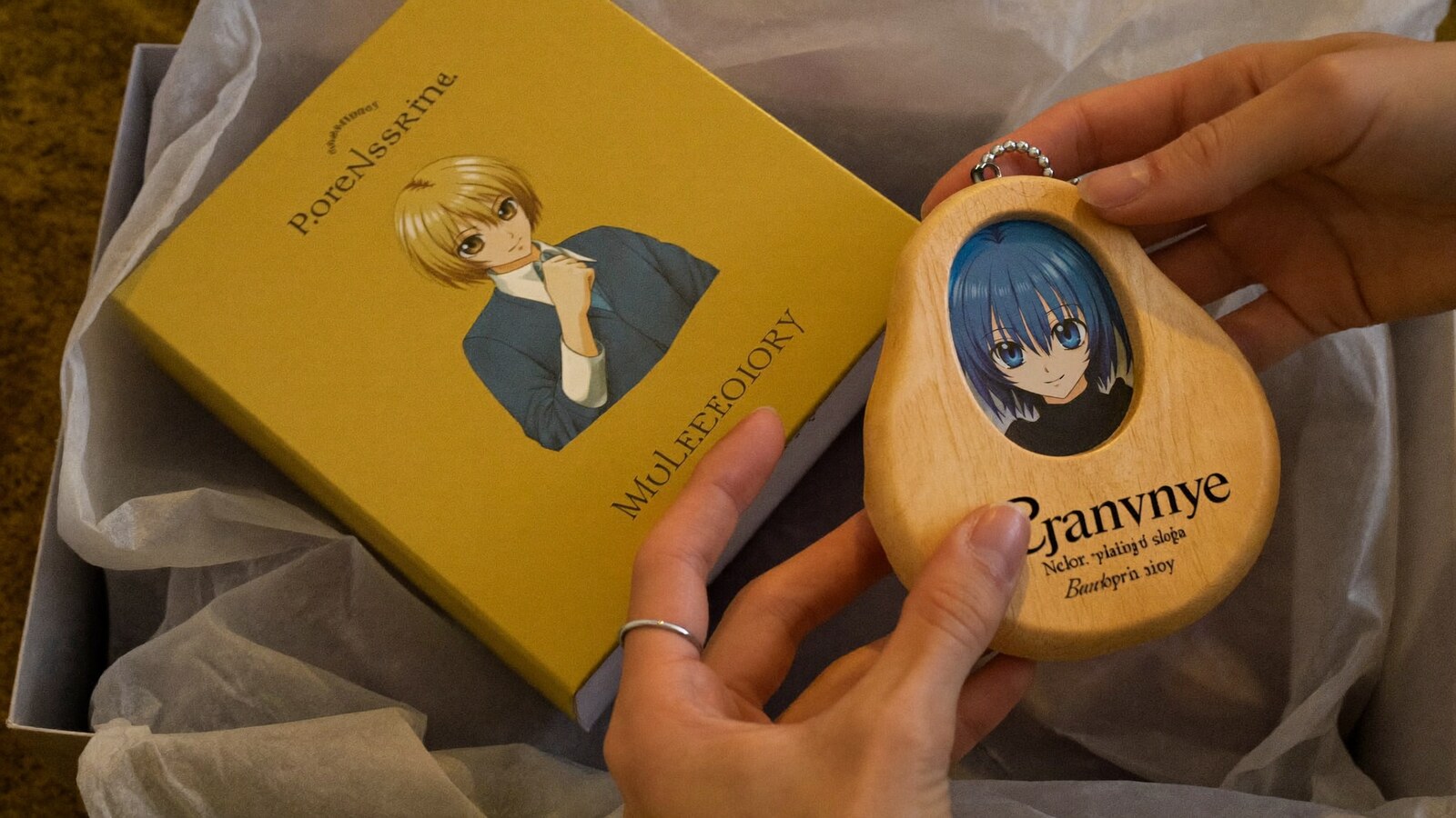 Anime-inspired wood and shattered glass hologram ornaments in a social or layered scene with friends