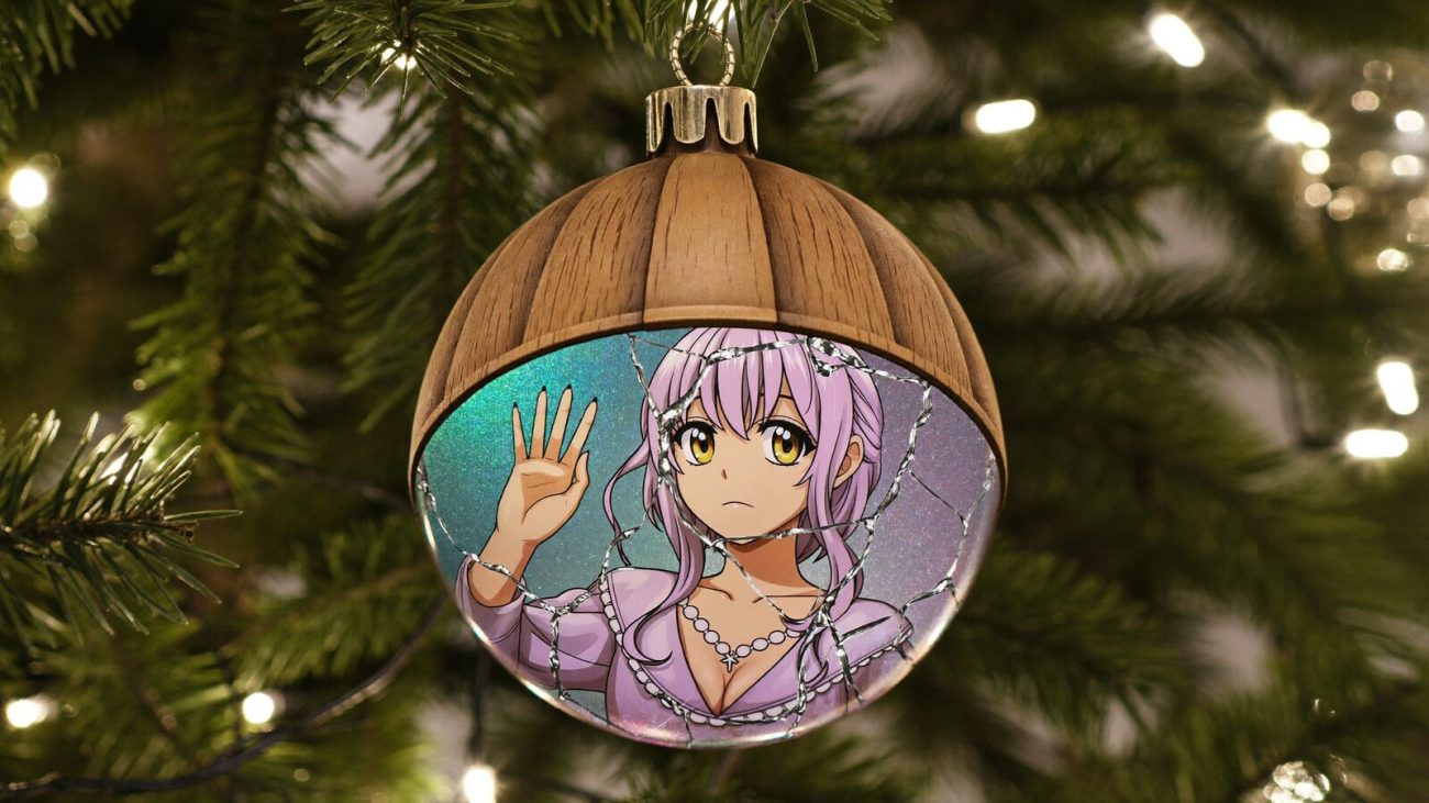 Person wearing an anime-inspired wood and shattered glass hologram ornaments in an editorial scene