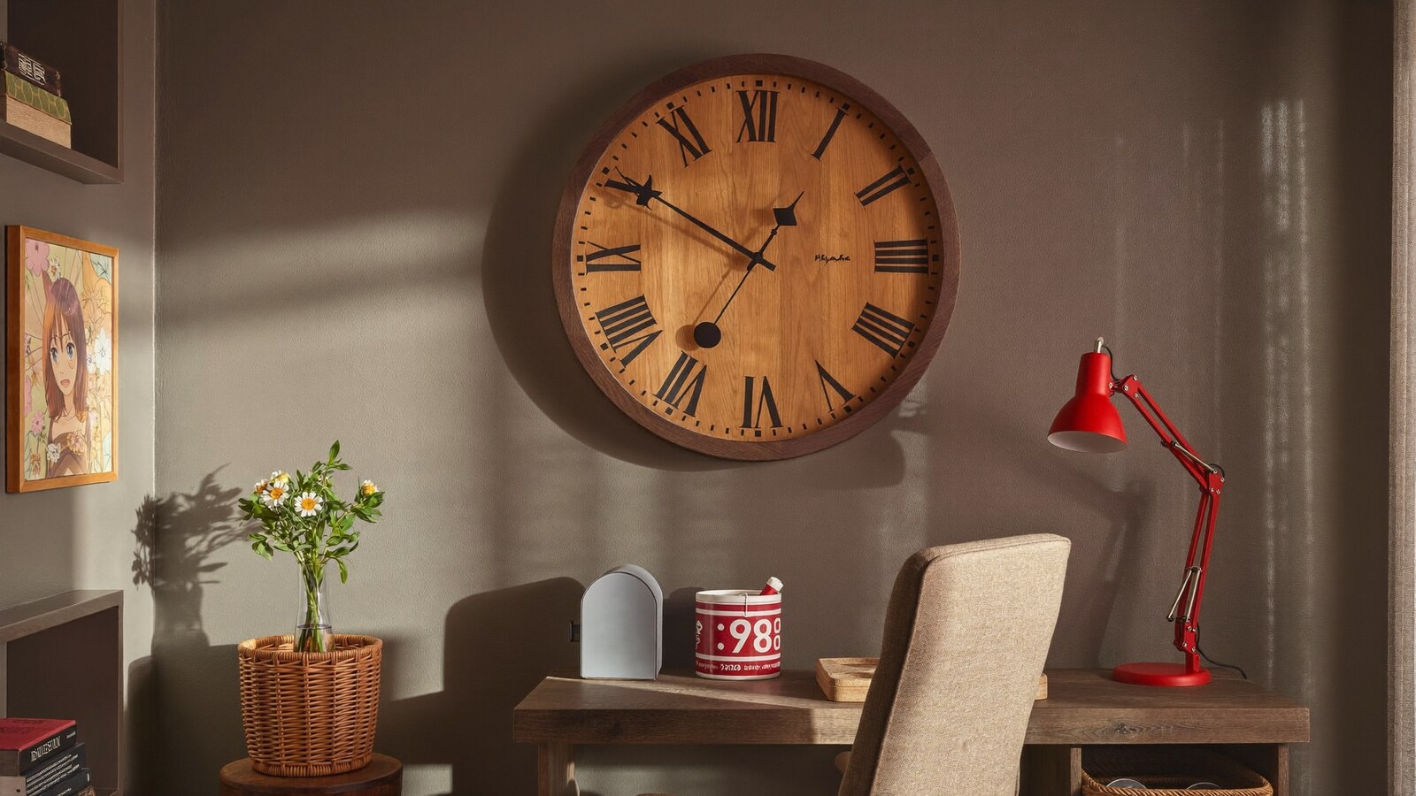 Anime-inspired wood wall clock styled in a natural daylight scene