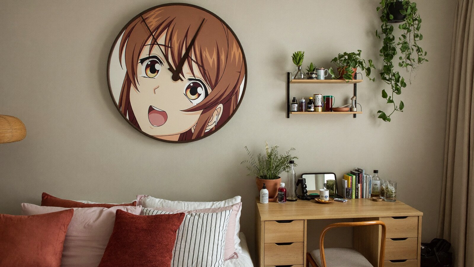 Anime-inspired wood wall clock in a social or layered scene with friends