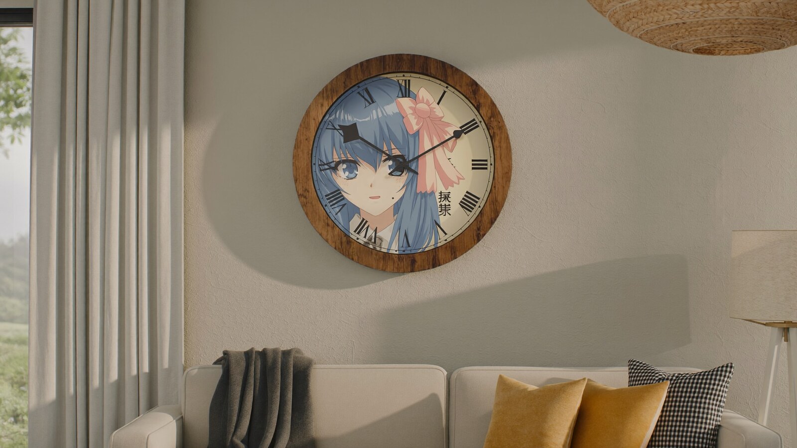 Anime-inspired wood wall clock styled in a cinematic scene