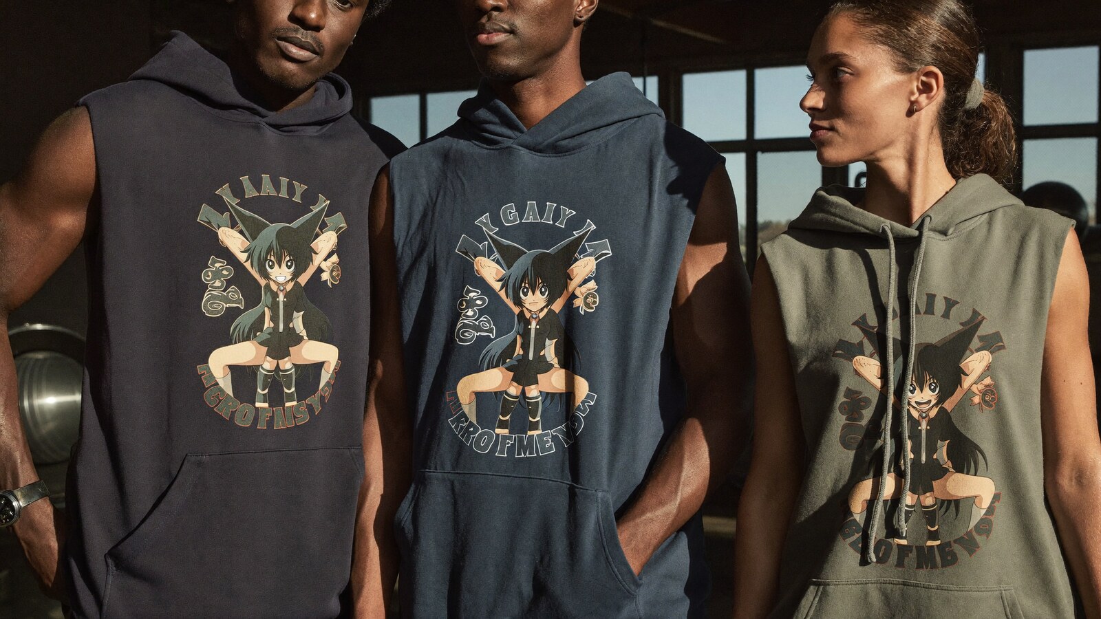 Anime-inspired workout & sleeveless hoodies in a social or layered scene with friends