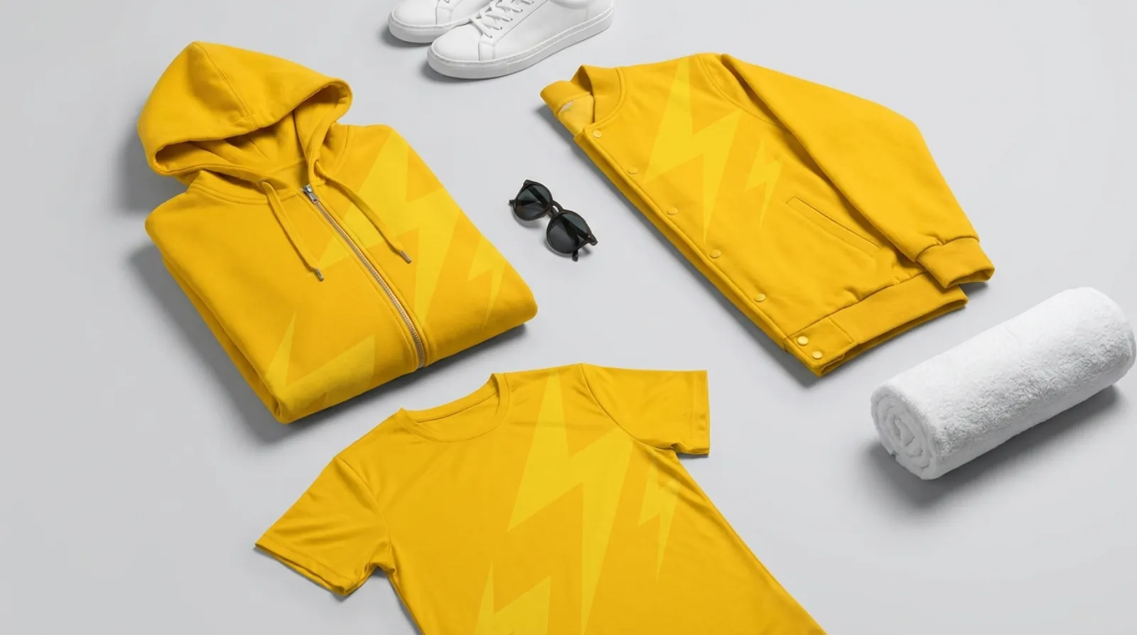 Yellow Ranger shirt and jacket apparel flat-lay in bright yellow