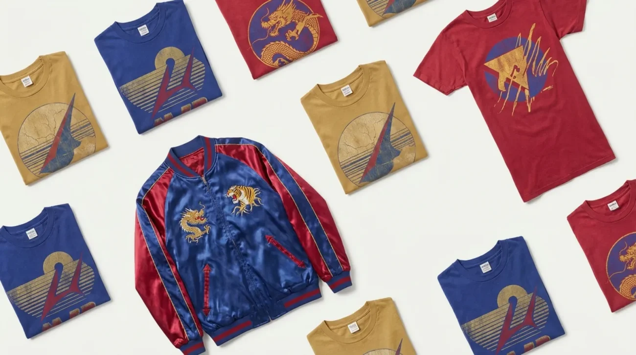 Yu-Gi-Oh! merch flat lay with vintage tees in gold, royal blue and crimson